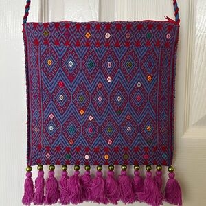 Embroidered Tassel Crossbody Bag - Pink & Blue